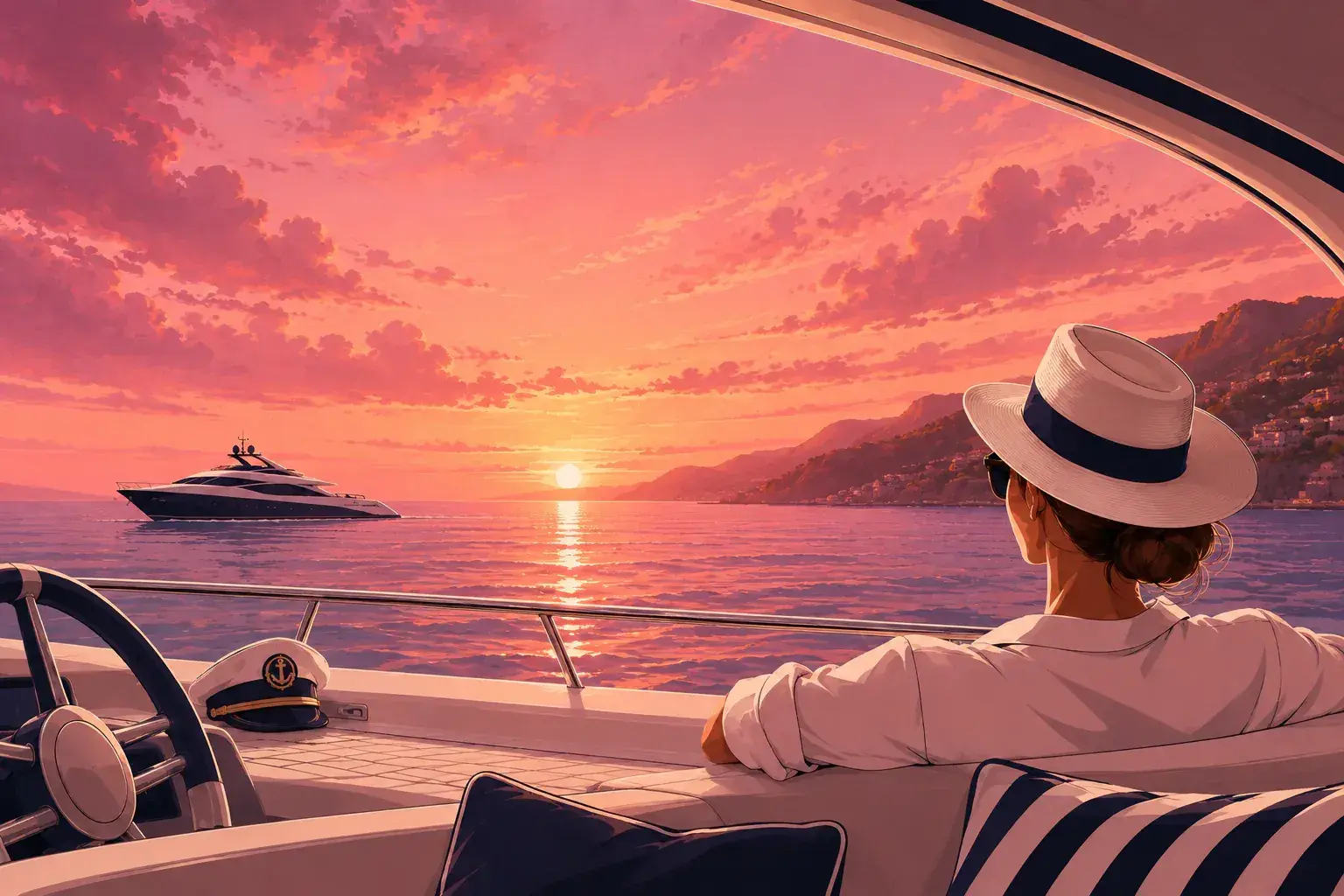 Yacht di lusso in navigazione al tramonto